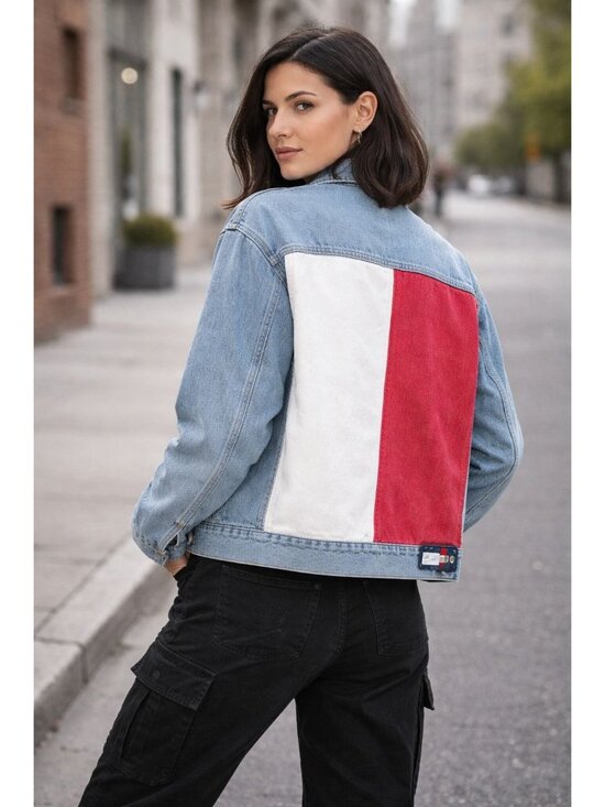 Tommy Hilfiger Tops - Tommy Hilfiger Jeans Women's Button Up Trucker Denim Jacket Blue L Colorblock